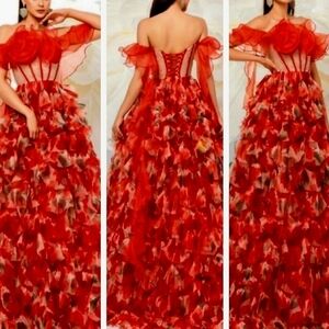 Red, Floral, Applique,  Corset, Ruffled Mermaid Ball Gown for Special Events